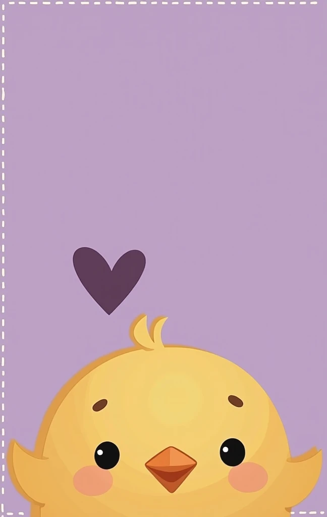 A cartoon chick, positioned in the lower portion of the image, is centrally located on a soft, light purple background.  The chick is a light, sunny yellow color. Its beak is a muted orange, eyes are black, and a small, dark purple heart shape is placed ab...