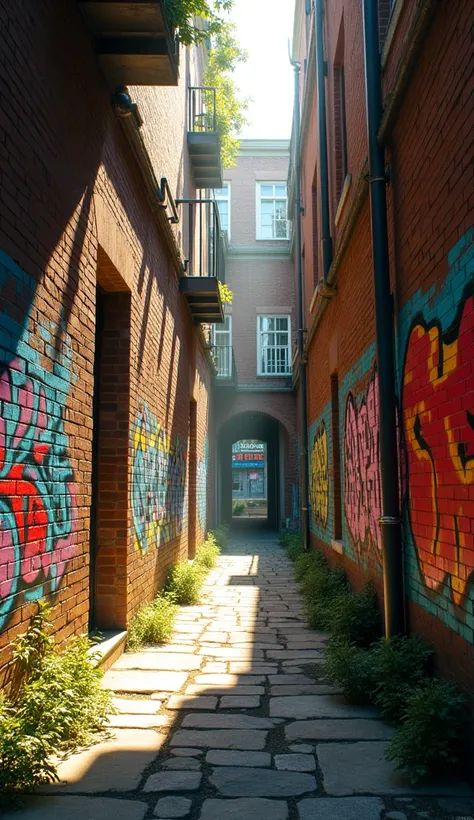  Create an image a narrow and long alley ,  with worn brick walls covered by an explosion of colorful graffiti .  The vibrant colors of the drawings stand out under the sunlight , that enters through an opening at the top of the alley ,  creating a play of...