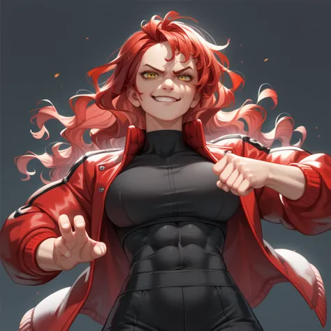 Woman 1, Detail,  long hair,  red hair,  wavy hair , breasts, breasts grandes, muscular, Russian facial features,  Abdominals ,  yellow eyes , perspective, Simple background, from the waist up, black blouse with red jacket, thin chin, fighting pose, smirk,