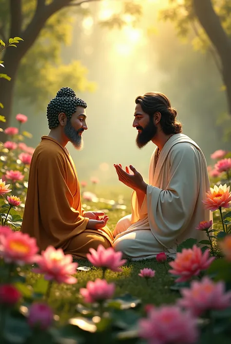 A green scene filled with flowers where Buddha, Jesus, friendly conversation.