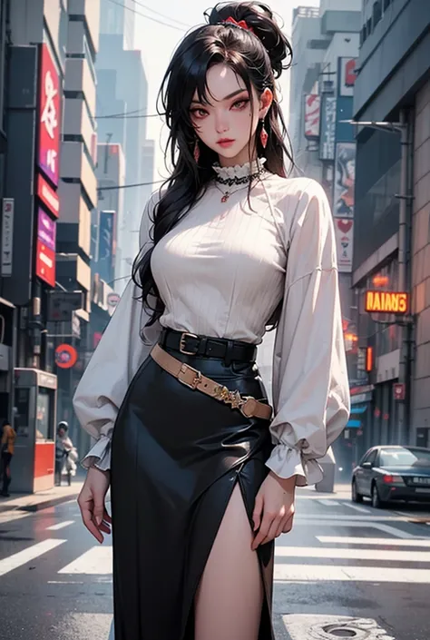  Cyberpunk　 top quality , very detailed,masterpiece, Ultra Details,Alone,(Delicine eyes),( Cyberpunkシティ背景:1.3),red eyes, standing with different breasts , belt skirt ,[trench coin:20],gem, mole_Down_eye,  on AM_in_viewer, Frilled_ headband, earrings