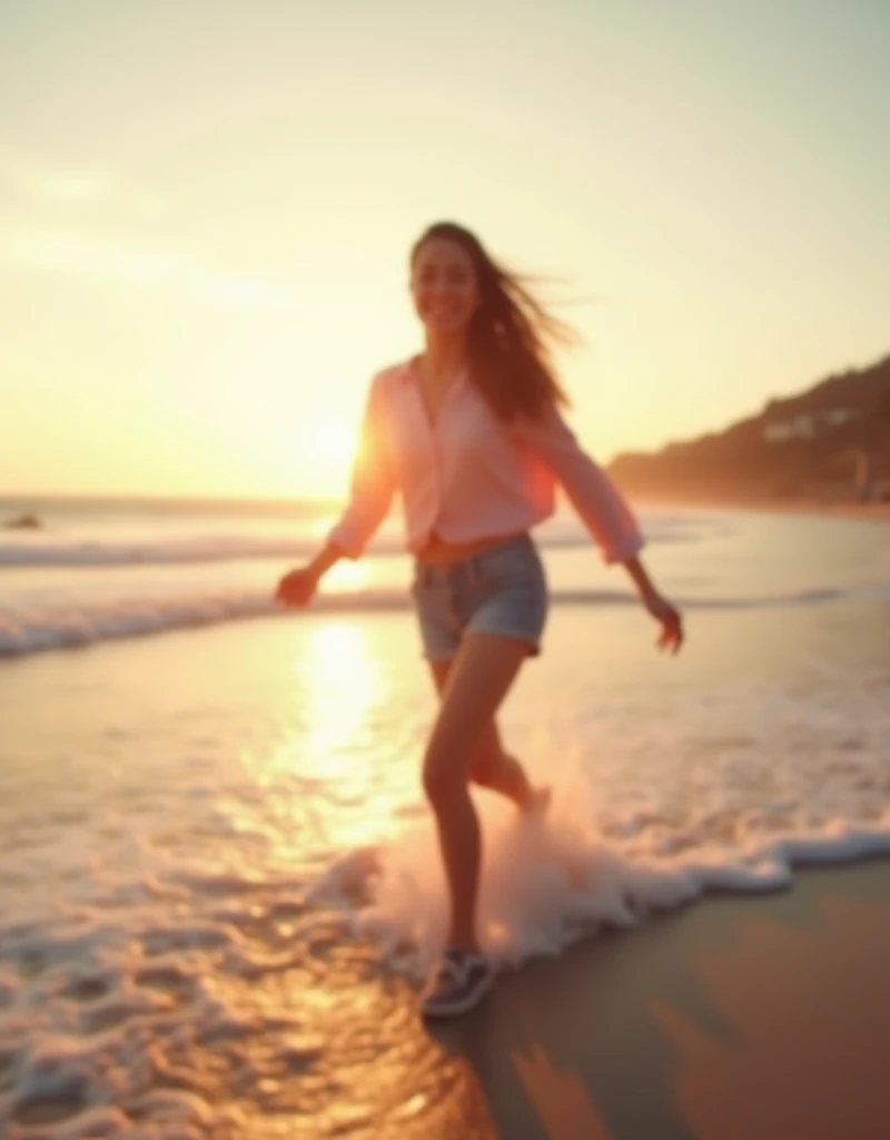 A blurry image of a young woman walking happily along the coastline, Kicking the waves, dream-like, blurry photography, blurry focus, blurry, unfocused, exposure time: 1/160, pinhole analog photo quality, Venus Belt (Pink Sky), sunlight shining through the...