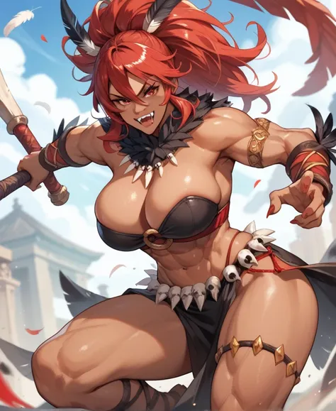 Muscular shaman woman big breasts medium hips red hair brown skin with fangs red eyes wearing cloth clothes adorned with skulls and feathers ready to fight with evil powers Futanary 