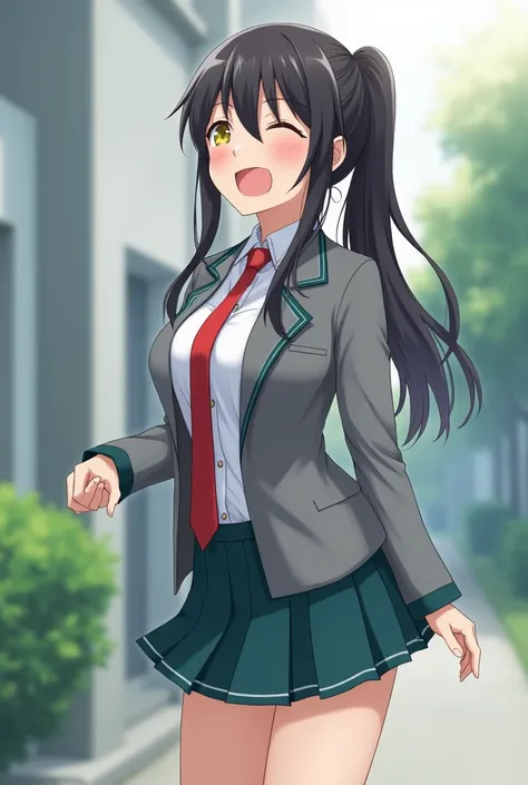 Wearing The U.A. High School student uniform consists of a long-sleeve, button-up white shirt, a gray jacket with blue-green stripes, and a red tie and a dark blue-green pleated skirt, standing sideways, laughing, outside