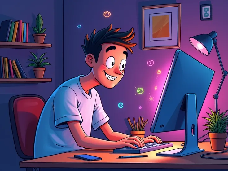 a man coding in his computer .make it cartoonistic, theme will be violet