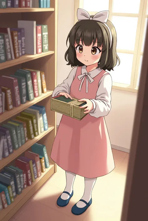 ORDERING SEALED BOOKS
Mahro is in a bright room where there is a bookcase. She wears the same light pink frock, has white ribbon-tied tops, and wears blue shoes. She is sorting out the books, holding the book in one hand and tying the row of books in the o...