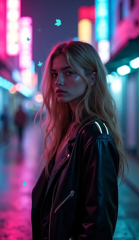 ‘Night Walk in the Neon City’
‘Create a portrait of a young woman with flowing golden blonde hair, illuminated by neon lights, in a futuristic cyberpunk city at midnight. She is wearing a sleek, high-fashion jacket with metallic accents and bright lines th...