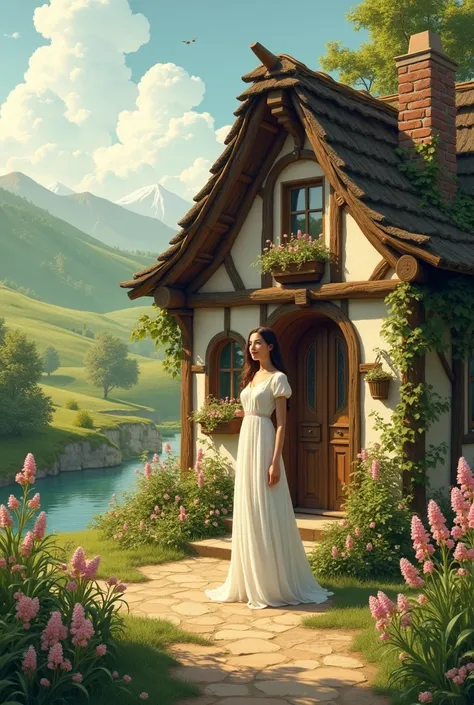 A beautiful girl with beautiful village house, please create a beautiful pictures