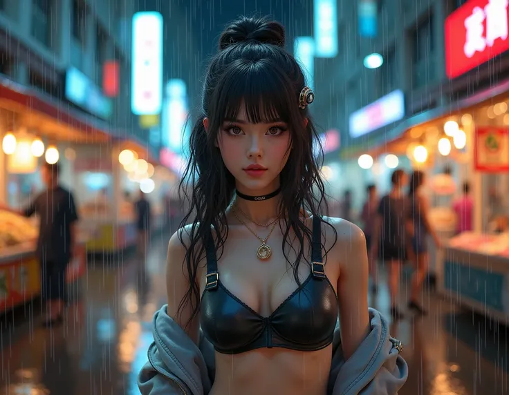 raining night,city,A beautiful woman in gyaru makeup wearing sport suit on the bustling streets of Gintama, surrounded by vendors, beautiful portrait of a stunning goddess girl, beautiful detailed face, porcelain skin, full body shot, centered, ultra soft ...