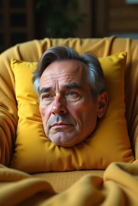 Replace the yellow cushion in the previous image with a mans face