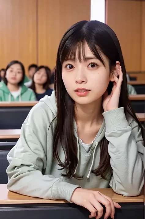 (masterpiece, best quality, perfect anatomy, highres, 8k, realistic, photorealistic, natural skin texture, no makeup:1.2), 1girl, solo,
a 20-year-old Japanese college student, very cute face, medium black hair, very (large breasts:1.2), attending a lecture...