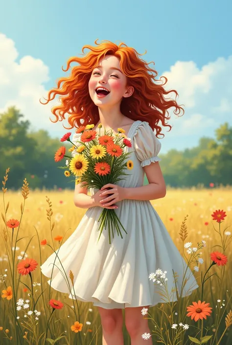 draw a  girl  , она собирает цветы на большом поле и laughs ,  the girl has red curly hair and a white dress,  Sunny weather , in the distance there is a forest  ,  girl holding a bouquet of wildflowers, laughs, realistic image  