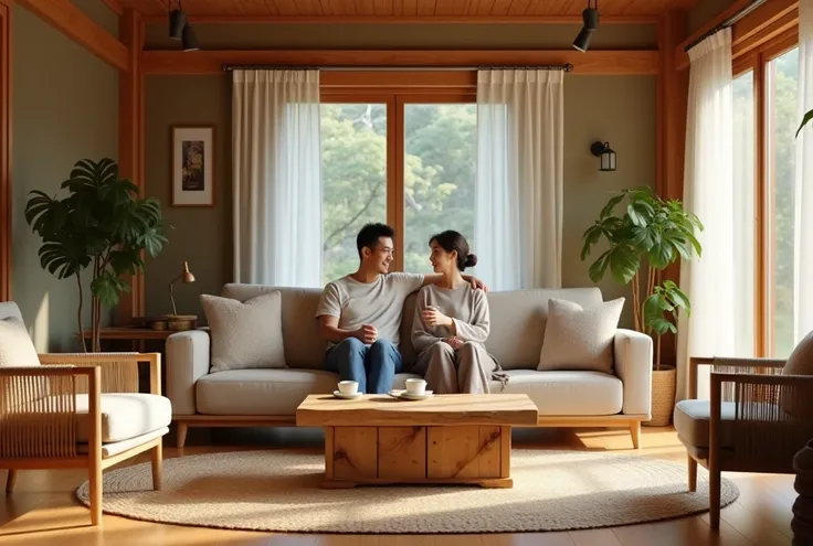 A highly realistic photograph of a cozy wooden house interior filled with natural materials. The room features polished oak furniture, exposed wooden beams, and warm wooden floors. Sunlight filters through large windows, casting soft light across woven rug...