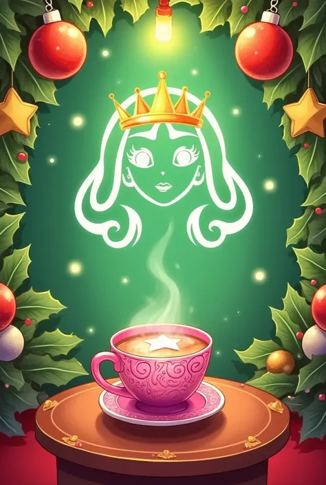 santagirl,chirtsmas,Snowy，Podium Background，Christmas， a vibrant pink coffee cup with intricate white design on the lid， holding a light pink drink topped with a white star， featuring a regal womans face in delicate white outline， adorned with a golden cro...