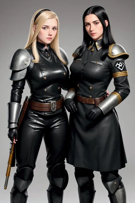 two german womens, nazi , catholics, one black hair, one blonde, perfect face, detailed face, lesbians, armored, sexy soft lesbians, full body