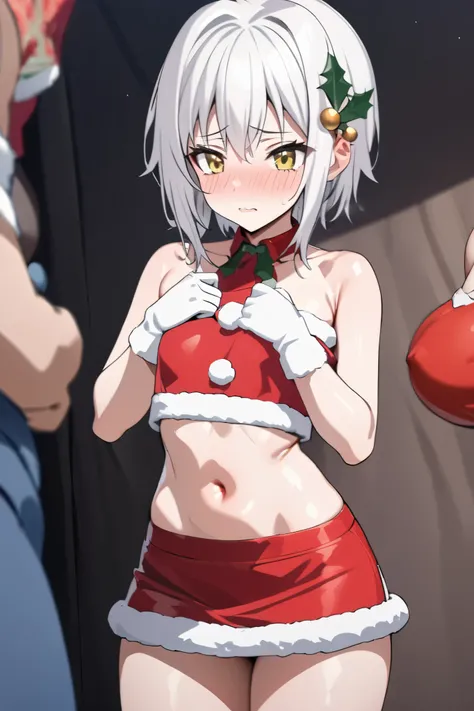 NSFW,masterpiece, top quality , high definition , very detailed,Tacheng kitten、 short hair、 hair ornament、 yellow eyes、White Hair, Santa Claus, crop top, miniskirt, shoulder out,Embarrassed,blush