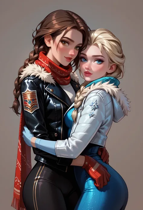 score_9, score_8_up, score_7_up, rating_safe, 2girls, duo, yuri, couple, very sexy (Elsa, blonde, braid:1.2), and very sexy (Anna, brown hair, braided pigtails:1.3), eyes half-closed, head tilt, flirt, wearing (ski outfits, gloves, scarves, tight, puffer j...