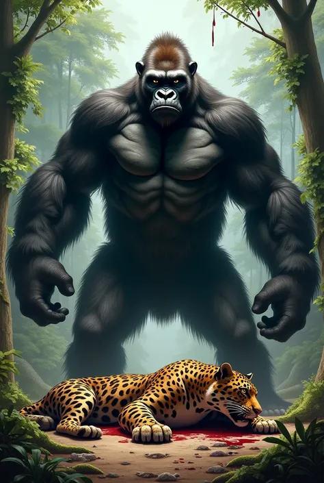  gorilla killing jaguar and standing at the chest of bloody jaguar 