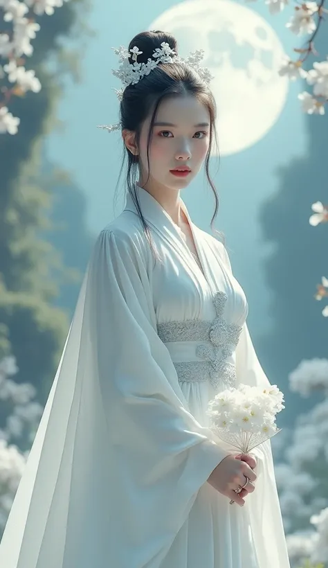 "Create a full-body portrait of the Flower Palace Master, a legendary figure from Chinese wuxia stories. She is an incredibly beautiful and commanding woman, wearing a minimalist yet regal pure white silk gown, with elegant, subtle embroidery of silver flo...