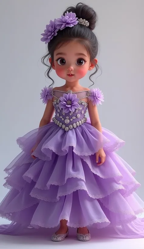 **Remind**: "Create a highly realistic full-body 2D digital illustration of a toddler wearing an intricate, short, knee-length and luxurious purple dress with layers of intricate tulle, decorated with delicate floral embellishments and delicate lace in sof...