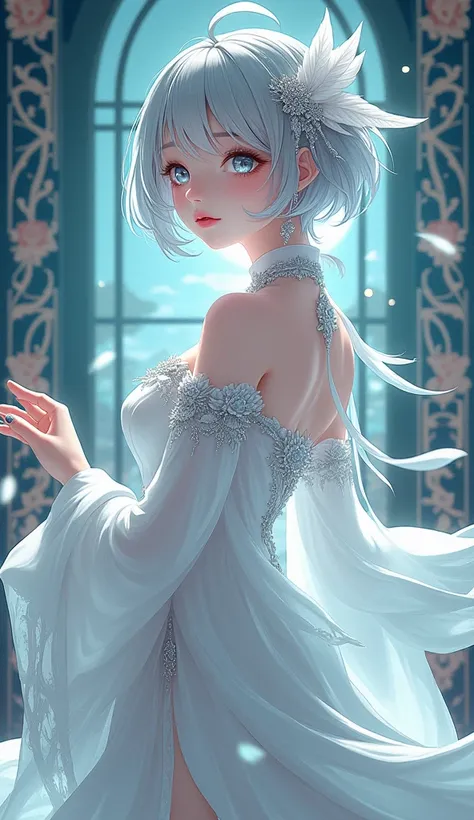  Female character with short gray hair . s hair is soft and calm, ,  Wearing a black headband on top of the head adds a sophisticated look . } Night view of the city faintly visible from a window or monitor . A strand of hair standing on top of the head . ...