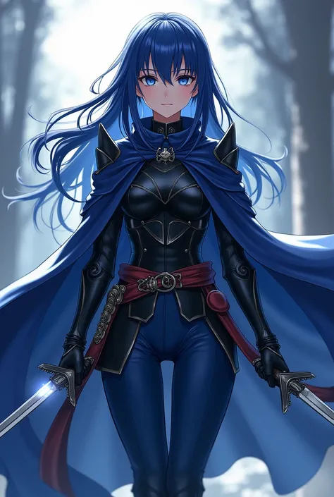 (work of art, Maximum quality, best qualityer, offcial art, beautiful and aesthetic:1.2) Anime Female, Long Dark Blue Hair, Blue Eyes, Wearing Blue Cloak, Black Armor, Blue Clothes, Dark Blue Pants, Holding Daggers.