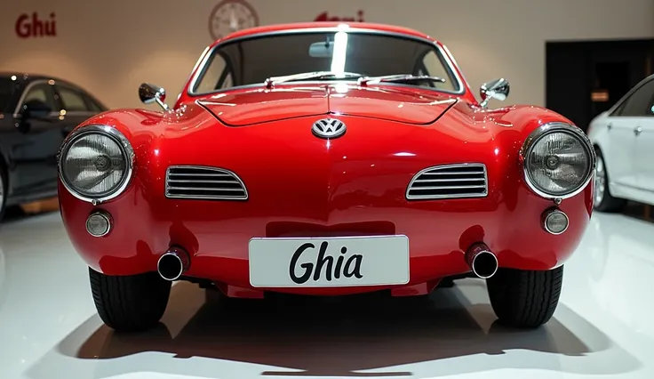 Close rightfront view of painted red with shiny clour 1966 Volkswagen karmann Ghia Background sleek in large shape sedan in large size with Volkswagen logo on its large detailed grille in shiny white clour with angular sporty design captured from close wit...