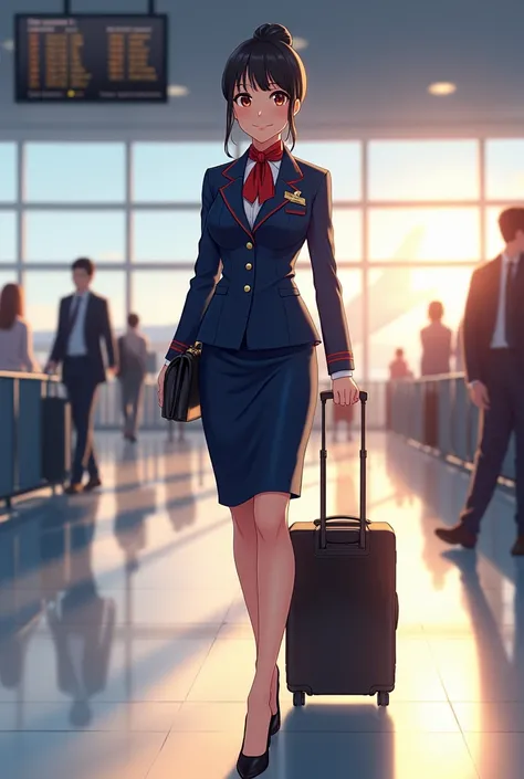 an elegant anime-style girl with black hair and brown eyes, walking confidently through a bustling airport terminal, dressed in a perfectly tailored flight attendant uniform consisting of a navy-blue blazer, a knee-length skirt, and polished heels, a neatl...