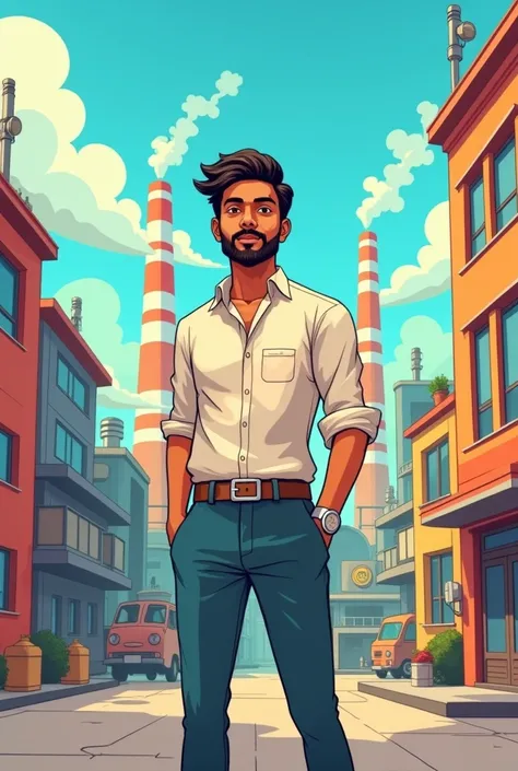 Indian young man standing front car manufacturing company cartoon