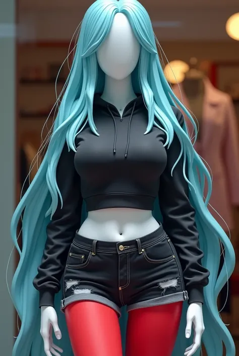 Stylish and smooth 2d style anime mannequin soft white Faceless mannequin,Faceless,with a black sports suit, She also wears a long-haired cyan blue wig.. ., Sensual and open, showing excess skin. black denim shorts,Red thigh high stockings,black sports top...