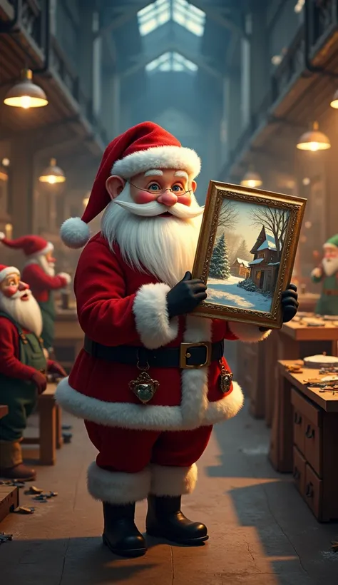 SANTA CLAUS SHOWING A PAINTING AND IN THE BACKGROUND THE DWARVES WORKING IN A FURNITURE FACTORY