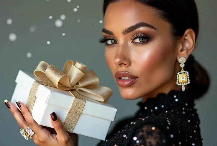 "Portrait of a striking woman with sharp, elegant features holding a luxurious white gift box tied with an ornate ribbon. She poses confidently, exuding sophistication. Her makeup is natural, highlighting her eyes and lips. She wears glamorous Chanel jewel...