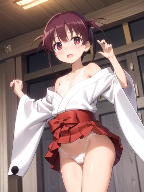 (masterpiece:1.3), best quality, beautiful detailed eyes:1.4, high quality cg, illustration:0.8, (age down, 10yo, chibi, hatsumi usuzumi, tan skin, white kimono, mini skirt, red skirt, small breast, solo), standing, show off nipple, beautiful nipple, sprea...