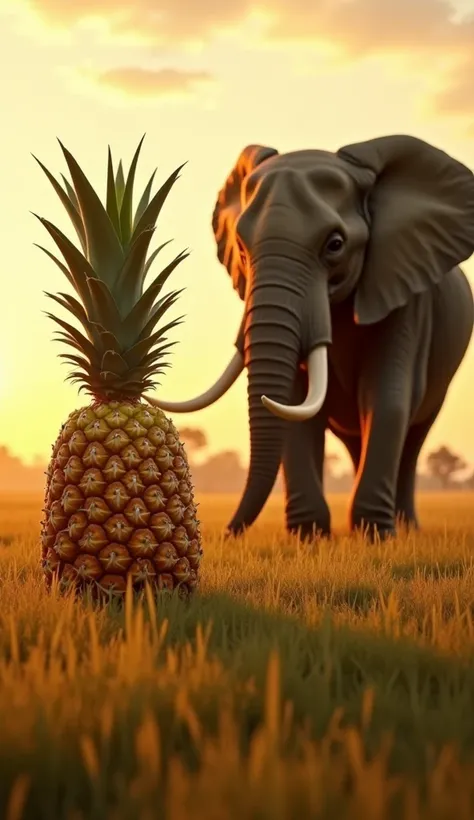 A cinematic scene in a wide, open field under a golden sunset, where a giant pineapple and a majestic elephant face each other. The pineapple stands upright, its textured, spiky skin glistening with moisture, while its sharp green crown sways gently in the...