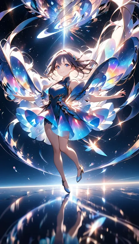 Beautiful girl flying in the sky,beautiful and quiet ocean , The sparkling stardust melts away,  seamless fusion of ocean and space ,  holographic mirror reflection ,  transparent and fantastic rainbow coating , Multiple Exposure, super high definition ,