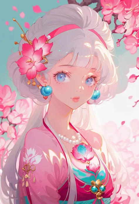 score_9,score_8,score_8_up,score_7_up,mousepad (medium),(pastel color:1.4),Anime girl (age:1.1), (ethnicity:1.1),  with pale pink/white hair (detailed hair:1.2), styled in an elaborate up-do, adorned with a flower crown of vibrant pink lotus blossoms, (det...