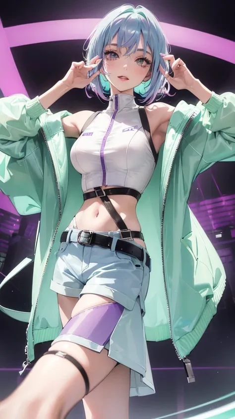 official art, masterpiece, sharp focus, (beautiful cute woman:1.3), beauty, Delicate and beautiful hair and face, realistic, ultra detailed, beautiful girl, 1 girl, teenage idol, BREAK ((Pastel purple bob hair with mint green highlights)), (Pastel purple c...