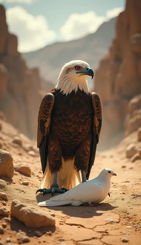 "In a rugged desert with cracked earth and scattered rocks under a blazing sun, a fierce eagle stands on the ground near a lifeless white dove. The dove, its pure white feathers dusted and still, lies motionless on the dry earth. The harsh desert air is fi...