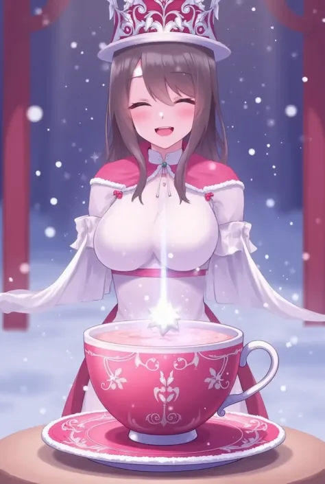 santagirl,chirtsmas,Snowy，Podium Background，Christmas， a vibrant pink coffee cup with intricate white design on the lid， holding a light pink drink topped with a white star， featuring a regal womans face in delicate white outline， magical holiday ambiance....