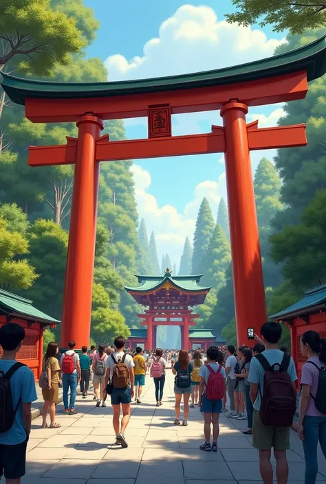 Foreign tourists hanging up at the torii gate