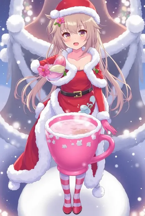 santagirl,chirtsmas,Snowy，Podium Background，Christmas， a vibrant pink coffee cup with intricate white design on the lid， holding a light pink drink topped with a white star， featuring a regal womans face in delicate white outline， magical holiday ambiance....