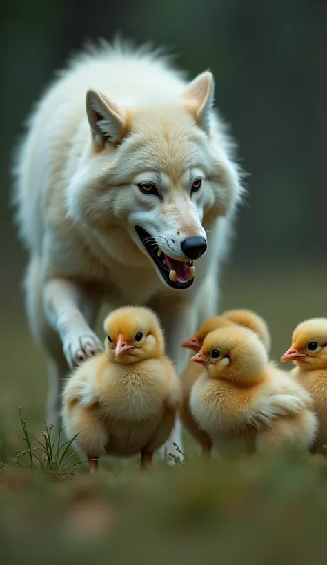 Quick cuts of the wolf leaping forward toward the full white  hen.
Show the full white hen flapping her wings and standing her ground to protect her chicks.
Cut to the frightened chicks huddling together, chirping in panic.
Show the wolf overpowering the h...