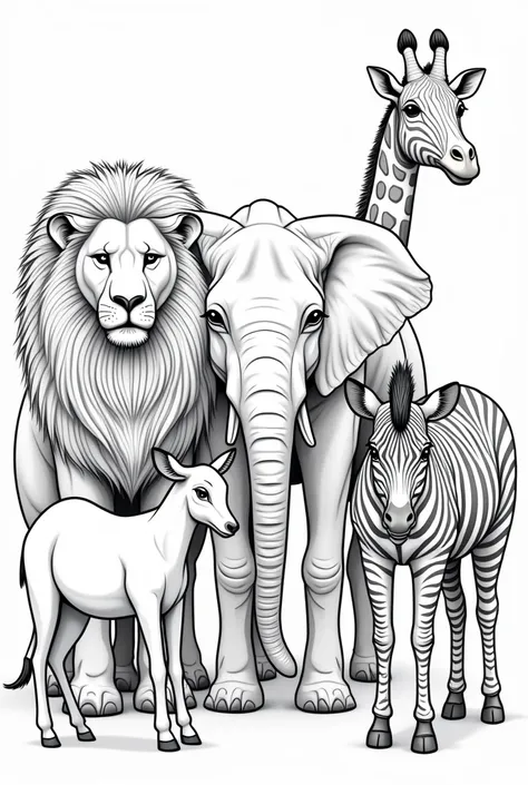 Safari animals to color in black and white 