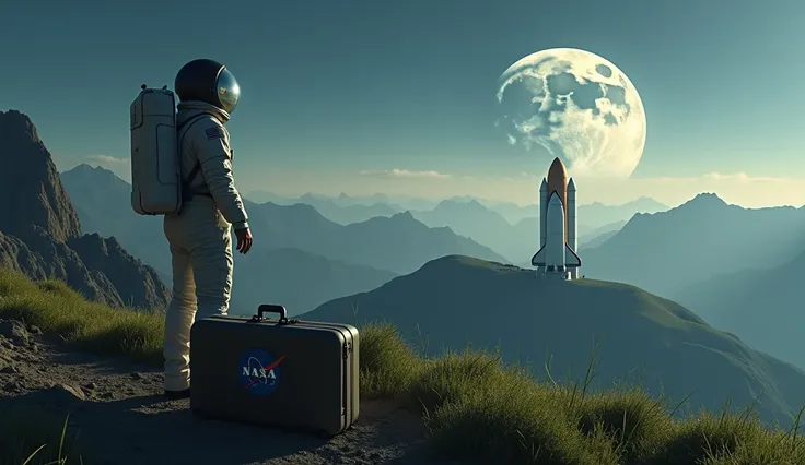 A stunning and serene image of a female astronaut in full NASA gear, standing on solid ground at the peak of a mountain, gazing out over a vast and majestic Earth landscape. The astronaut is positioned close to the camera, her face visible, reflecting dete...