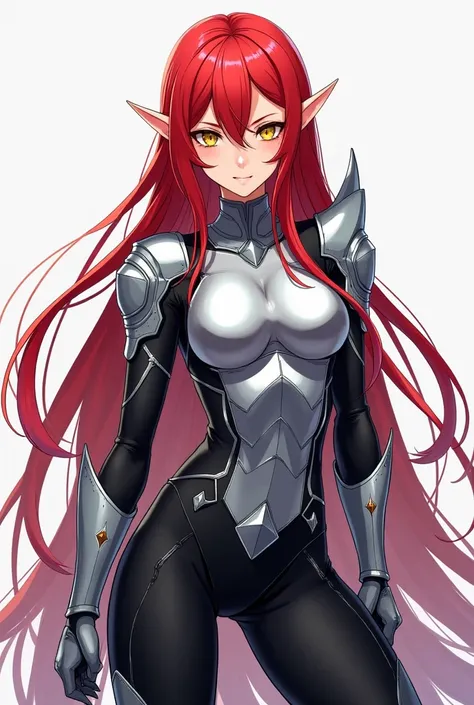 (work of art, Maximum quality, best qualityer, offcial art, beautiful and aesthetic:1.2) Anime Rebel Female Elf, Long Red Hair, Yellow Eyes, Silver Armor, Black Clothes, Black Pants.