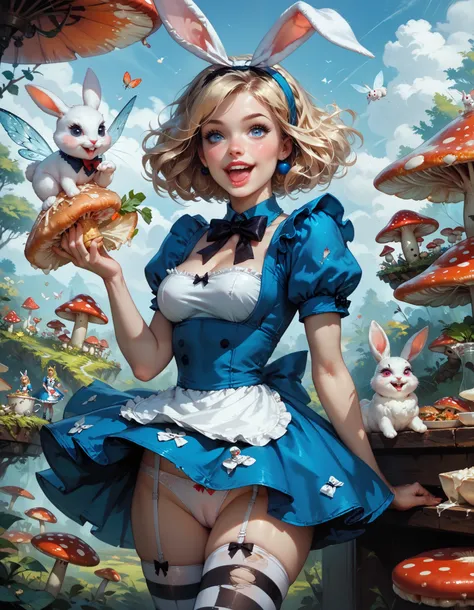 Alice in Wonderland, eats the mushroom that makes her tall, she is growing larger and her dress is shredding, her underwear is tight and ripping, boobs are squished and tight, white rabbit is excited, fine details, face is pretty and innocent, HD, 8x, luri...