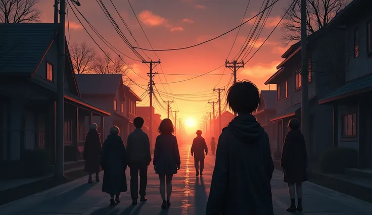 o A moment when the Sun begins to fade ,  when the town looks moody .  The pale colors in the sky with the anxious expressions of the people. Draw in animation style but realistic.