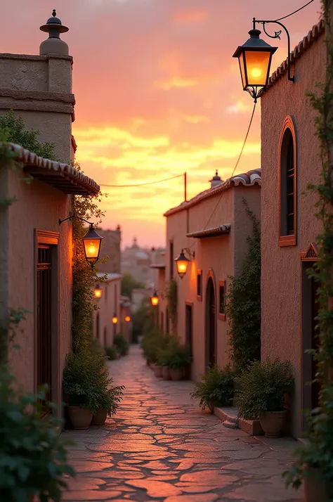 A detailed hyper realistic and cinematic photorealism 16k image of "A peaceful Middle Eastern village at sunset with narrow streets and small stone houses. The sky is warm with soft hues of orange and pink, casting a gentle light over the village.