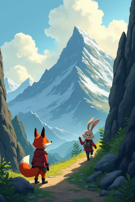 The fox and rabbit arrive at the base of the mountain, where the sunlight is blocked by the towering peaks. The mountain is jagged and mysterious, and clouds swirl above. The path ahead seems steep, but the fox looks determined. The rabbit gives an encoura...