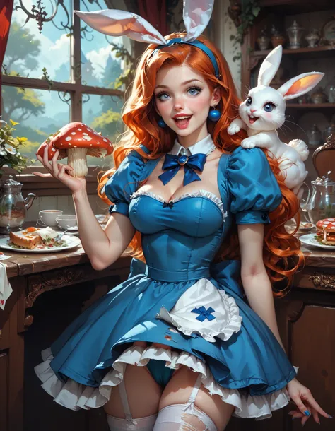 Alice in Wonderland, eats the mushroom that makes her tall, she is growing larger and her dress is shredding, up skirt fetish, her underwear is tight and ripping, boobs are squished and tight, inside the little house, white rabbit is sexually excited, fine...